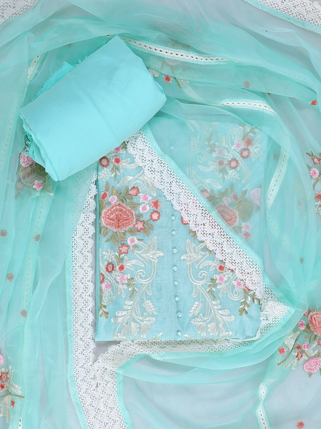 Sea Green Embroidered Unstitch Dress Material with Dupatta