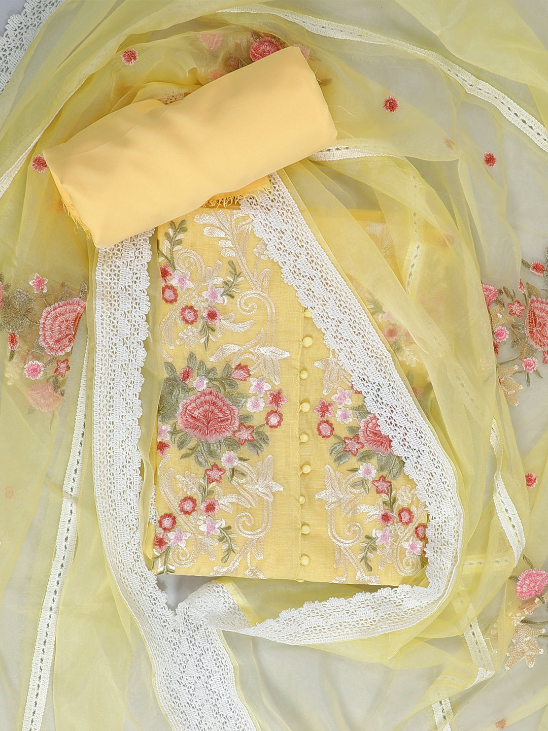 Yellow Embroidered Unstitch Dress Material with Dupatta