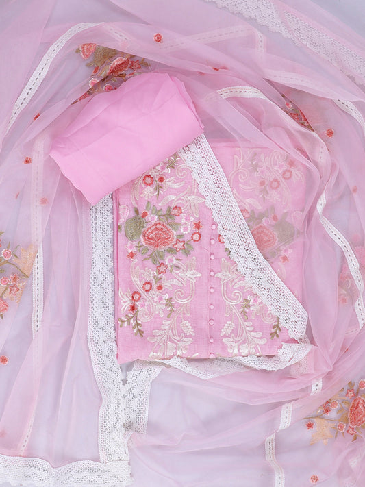 Organza Embroidered Pink Unstitched Dress Material With Dupatta