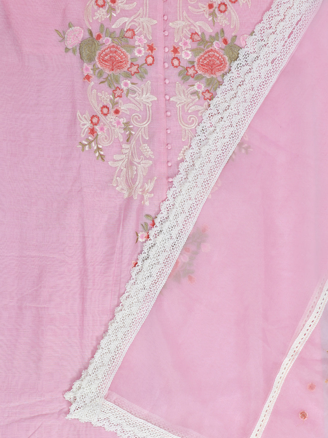 Organza Embroidered Pink Unstitched Dress Material With Dupatta