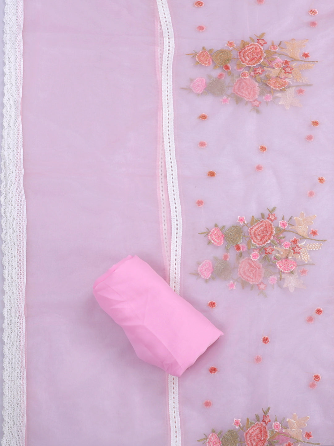 Organza Embroidered Pink Unstitched Dress Material With Dupatta