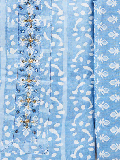 Blue Block Printed Cotton Unstitched Dress Material with Dupatta