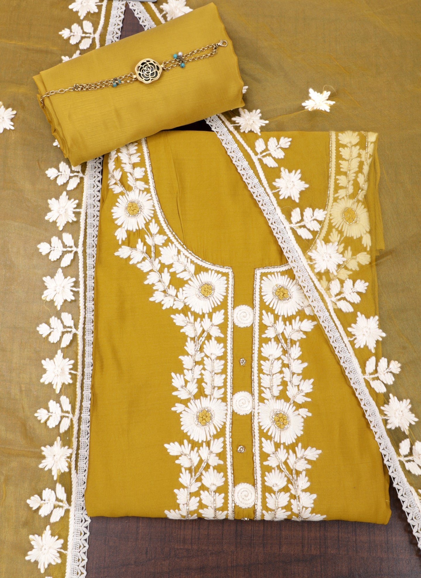 Silk Embroidered Yellow Unstitched Dress Material With Dupatta