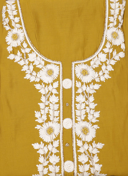 Silk Embroidered Yellow Unstitched Dress Material With Dupatta