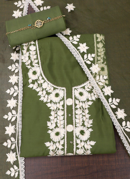 Green Embroidered Silk Unstitched Dress Material