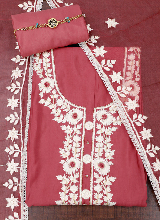 Silk Embroidered Pink Unstitched Salwar Dress Material With Dupatta