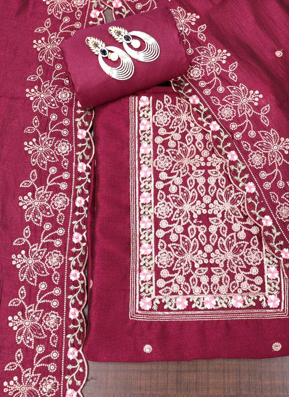 Wine Embroidered Unstitched Dress Material