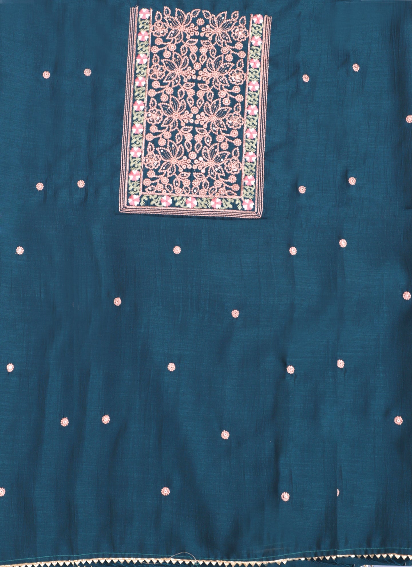 Teal Embroidered Raw Silk Unstitched Dress Material