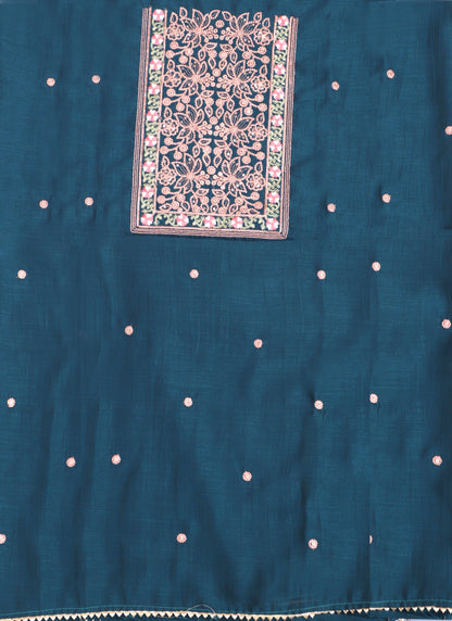 Teal Embroidered Raw Silk Unstitched Dress Material