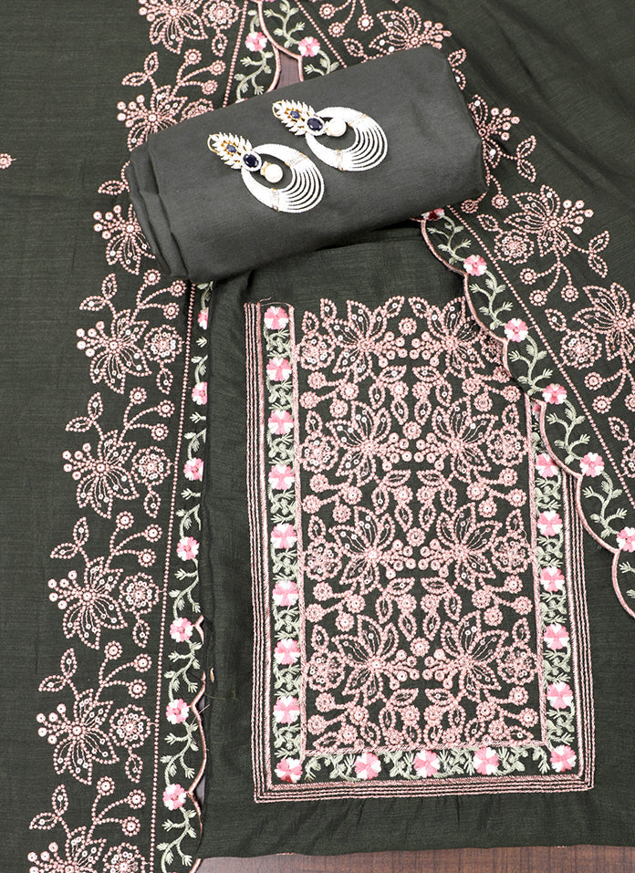 Green Embroidered Raw Silk Unstitched Dress Material