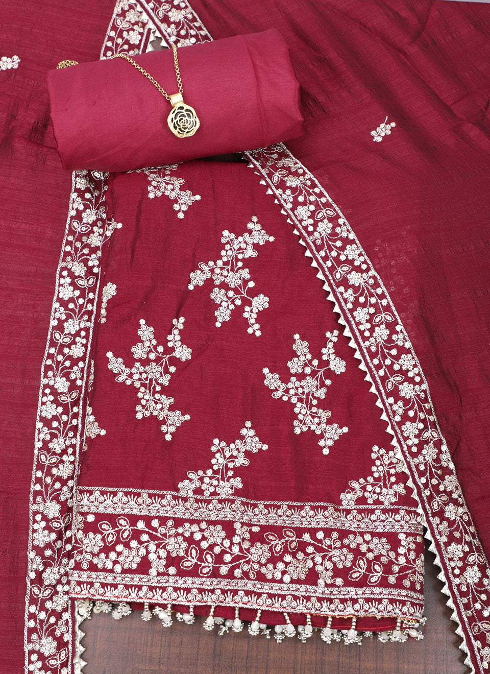Maroon Embroidered Unstitched Dress Material
