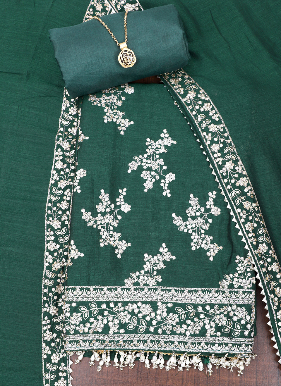 Dark Green Embroidered Raw Silk Unstitched Dress Material