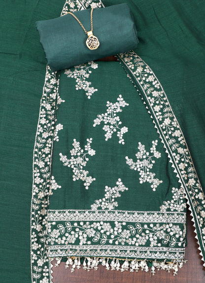 Dark Green Embroidered Raw Silk Unstitched Dress Material