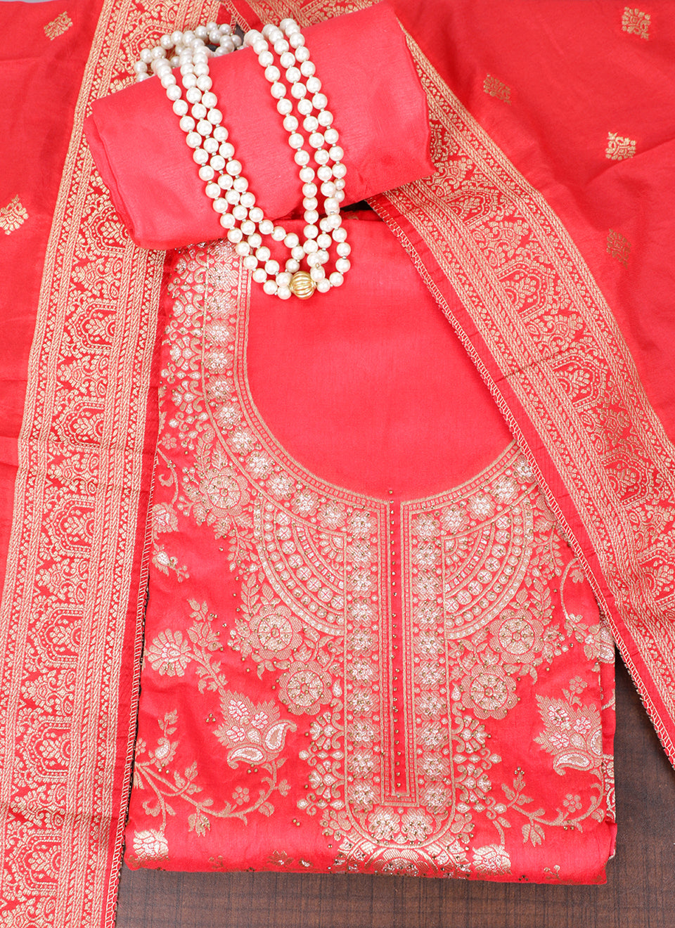 Coral Red Woven Design Unstitched Dress Material