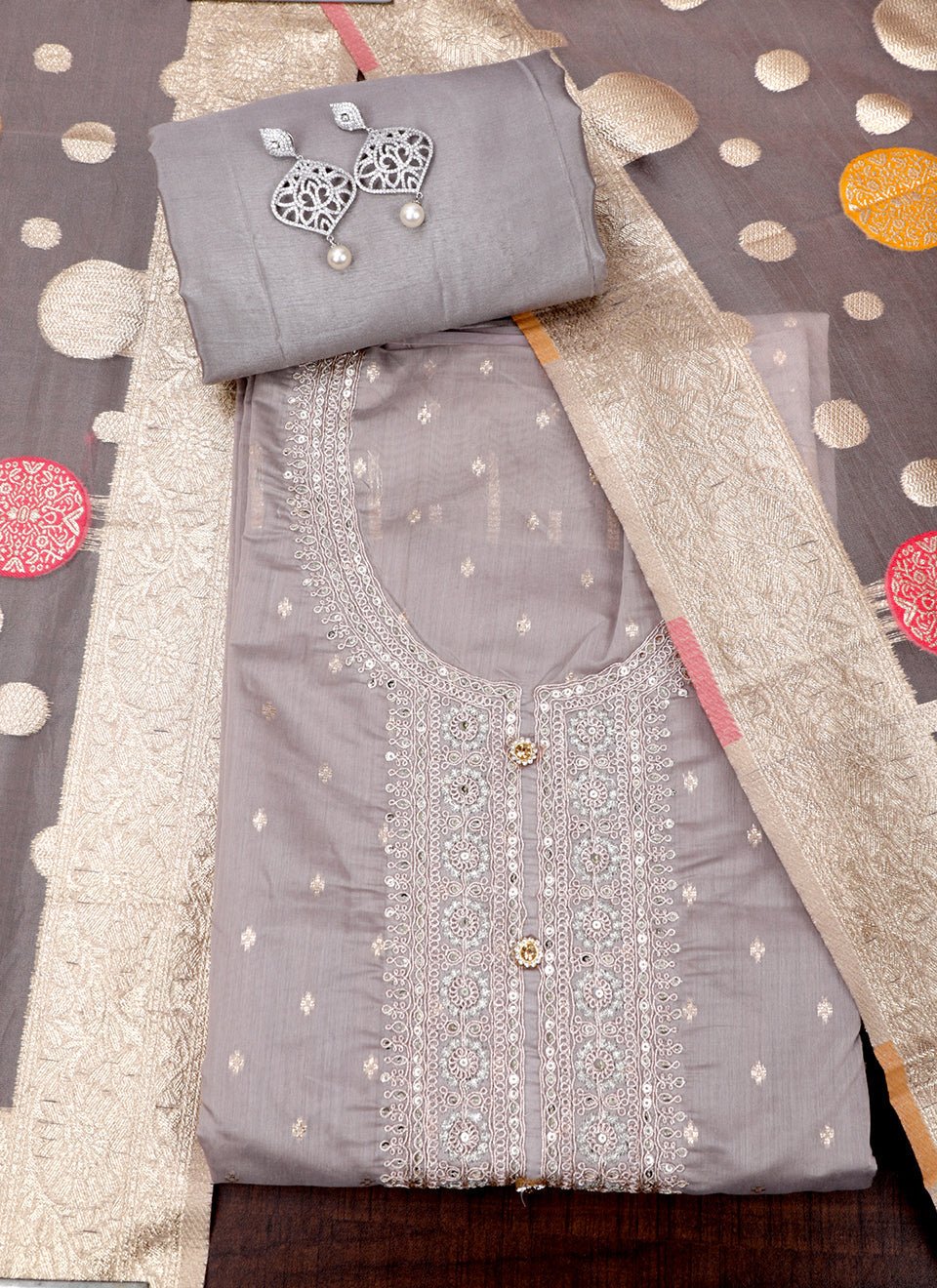 Grey Embroidered Unstitched Dress Material