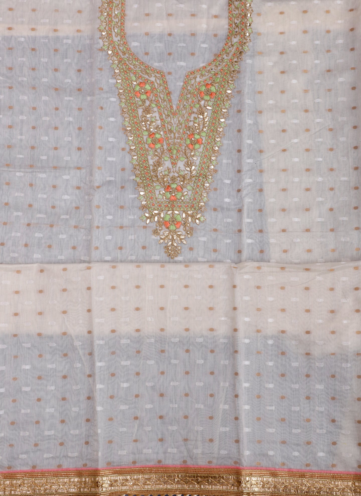 Off White & Green Embroidered Unstitched Dress Material