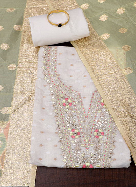 Tissue Embroidered White Unstitched Dress Material With Dupatta