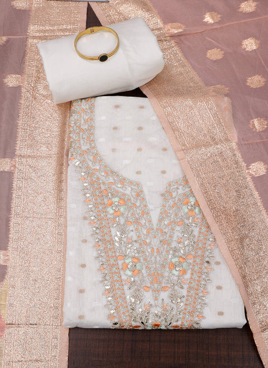 Tissue Embroidered White Unstitched Dress Material With Dupatta