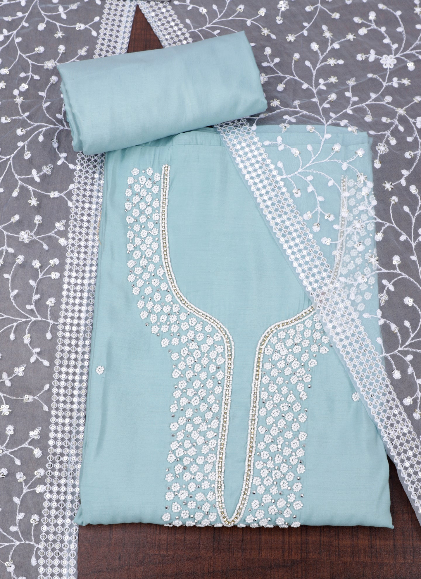Sea Green Embroidered Unstitched Dress Material