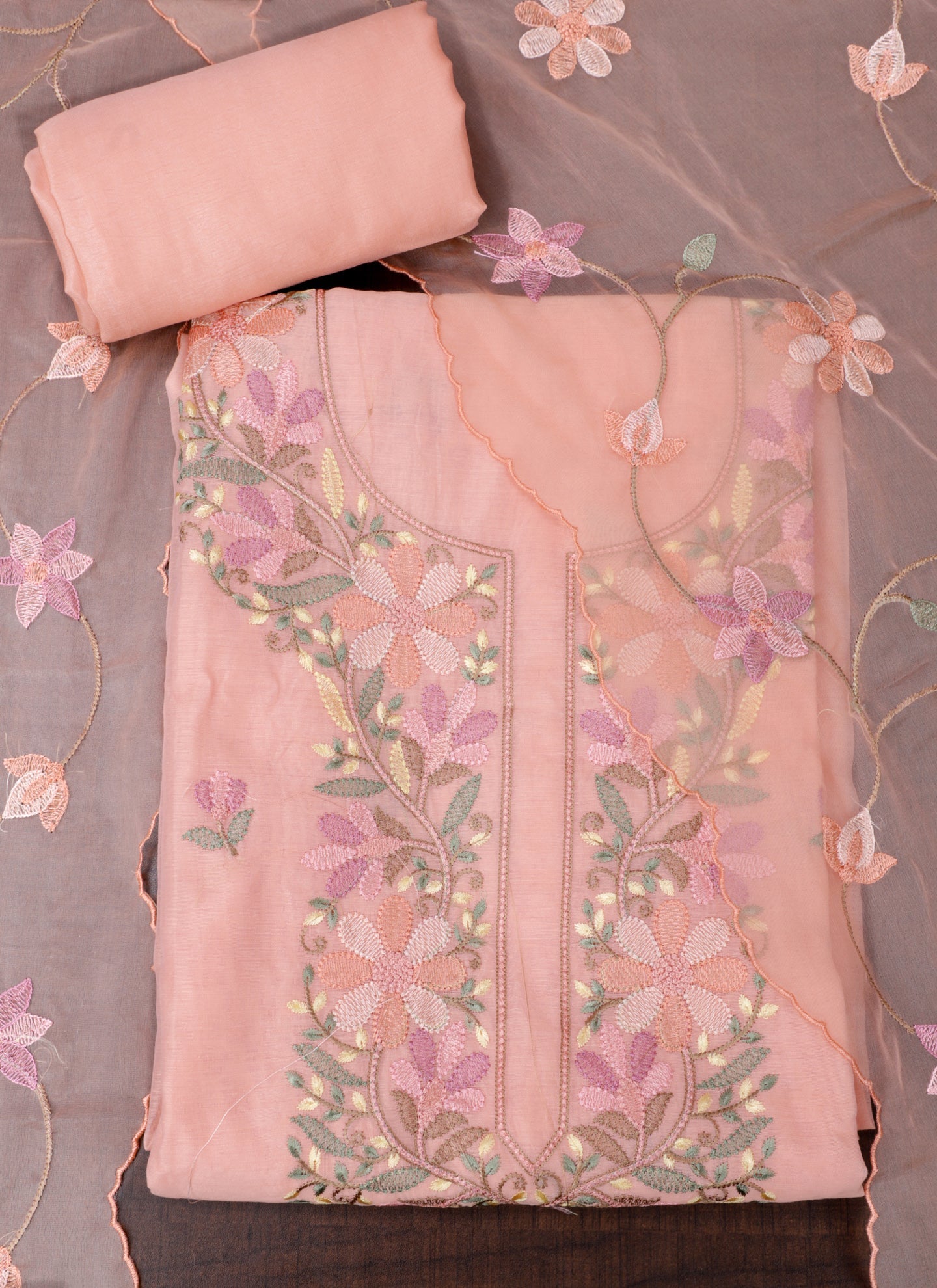 Peach Embroidered Cotton Unstitched Dress Material