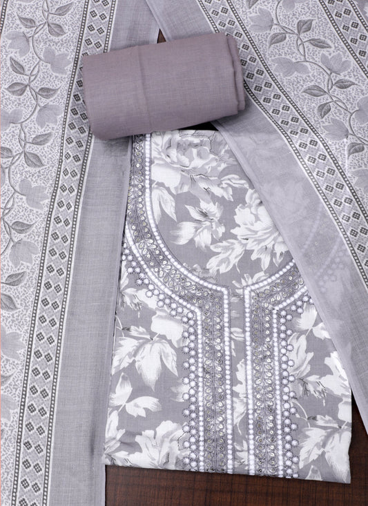 Cotton Embroidered Grey Unstitched Dress Material With Dupatta