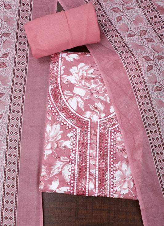 Cotton Embroidered Pink Unstitched Salwar Dress Material With Dupatta