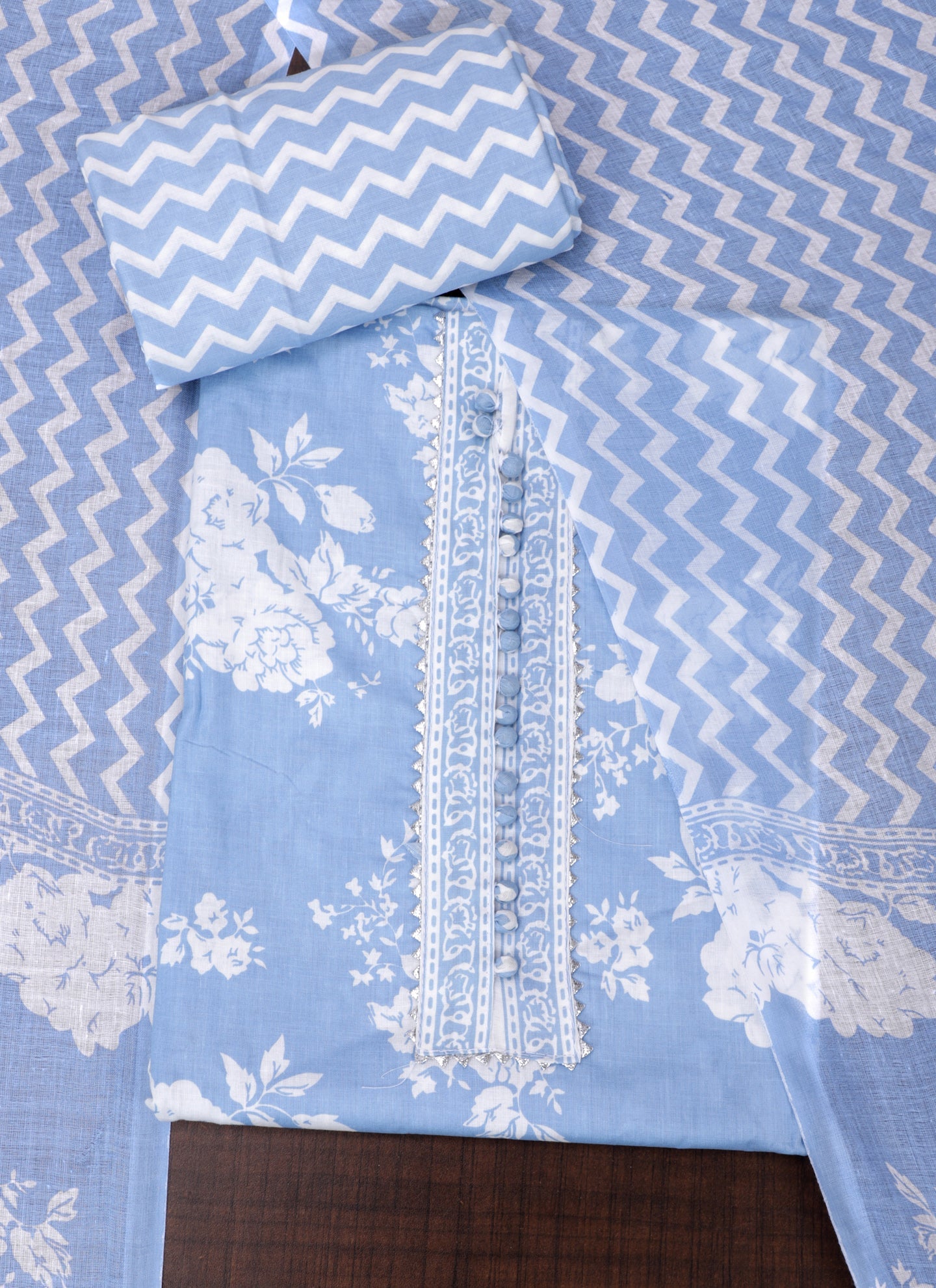 Blue Printed Unstitched Dress Material