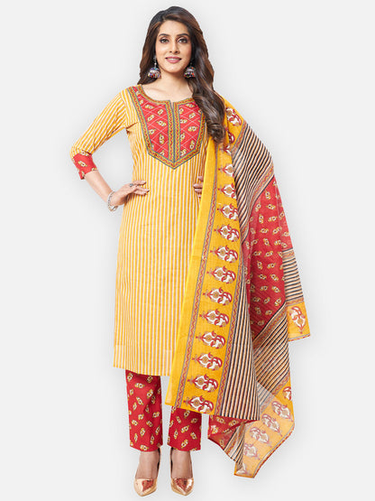 Yellow Striped Cotton Unstitched Dress Material with Dupatta