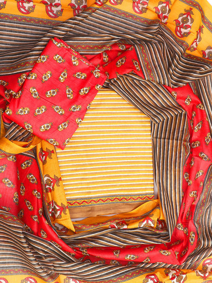 Yellow Striped Cotton Unstitched Dress Material with Dupatta