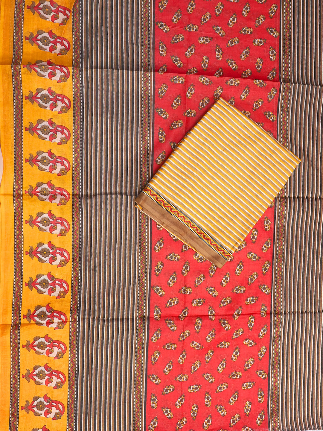 Yellow Striped Cotton Unstitched Dress Material with Dupatta