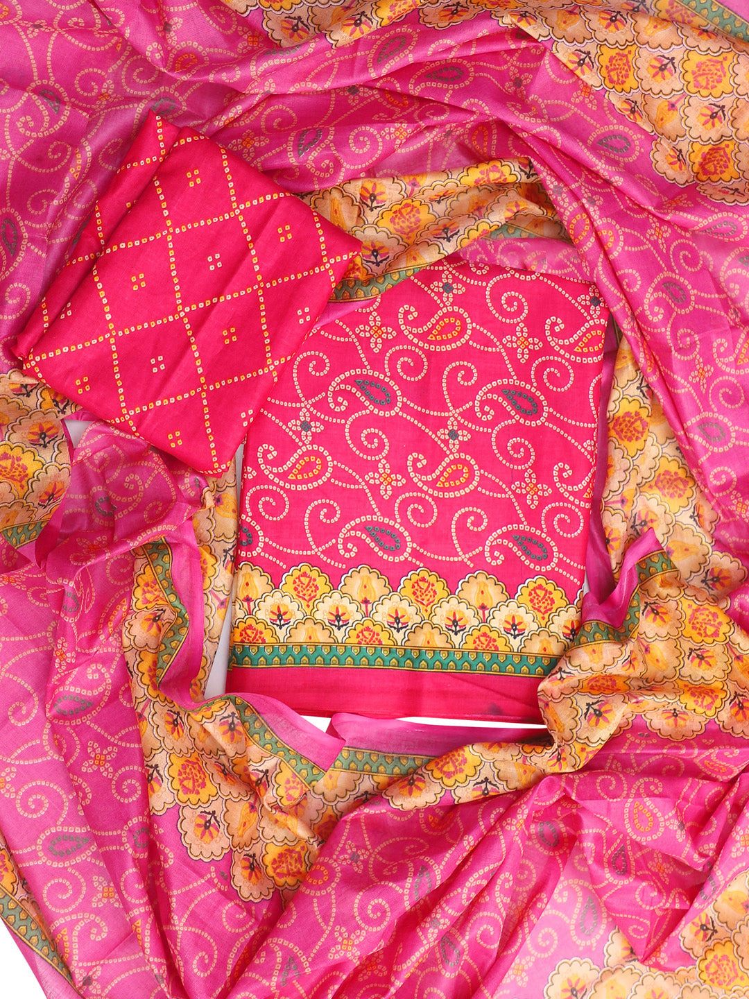 Pink Bandhni Unstitch Dress Material with Dupatta