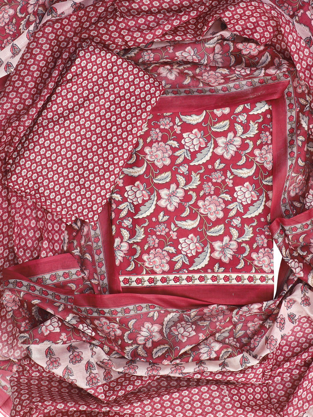 Maroon Printed Unstitch Dress Material with Dupatta