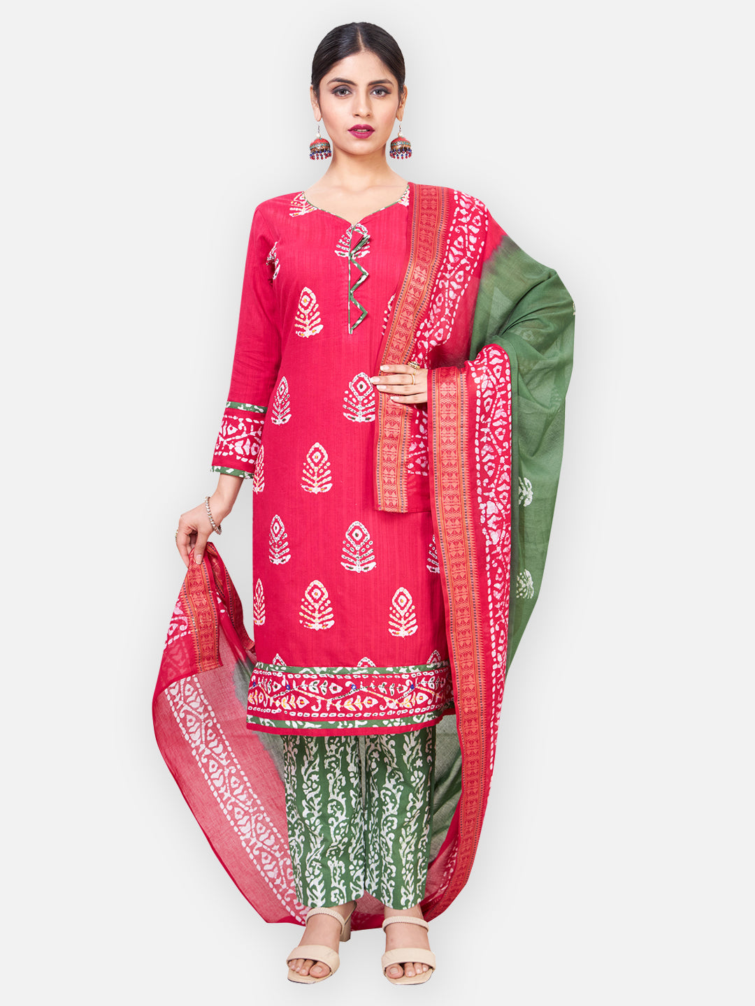 Pink Printed Unstitch Dress Material with Dupatta
