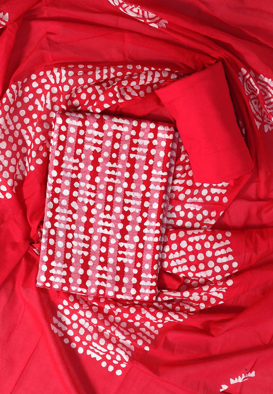 Red & White Printed Cotton Unstitched Dress Material with Dupatta