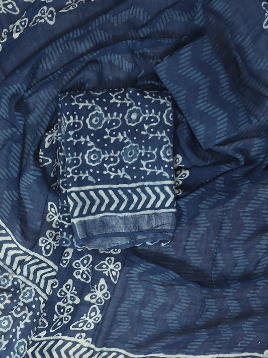 Blue & White Cotton Unstitched Dress Material with Dupatta