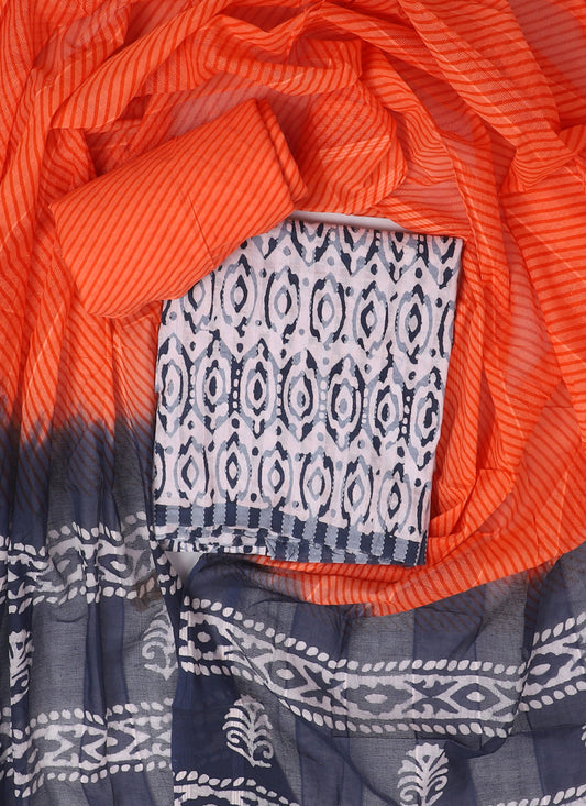 Cotton Printed White & Orange Unstitched Dress Material With Dupatta