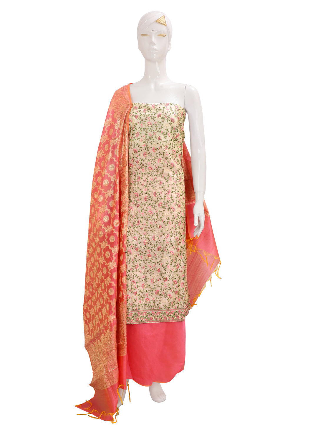 Beige & Pink Embroidered Unstitch Dress Material with Dupatta