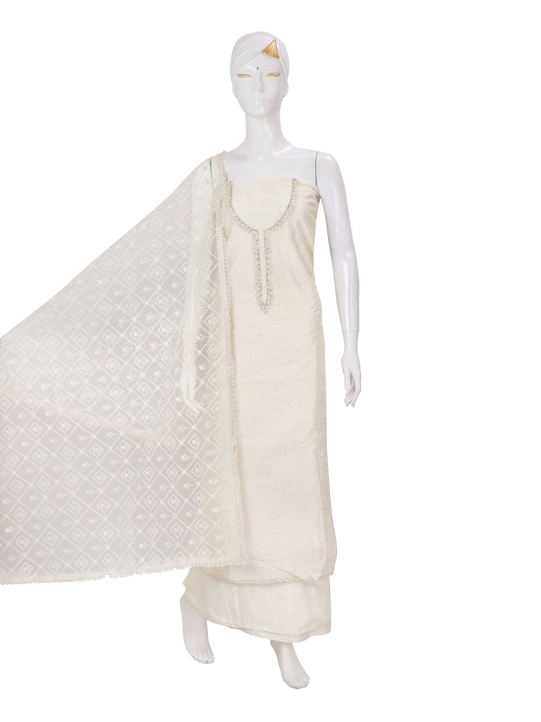 Off White Embellished Unstitch Dress Material with Dupatta