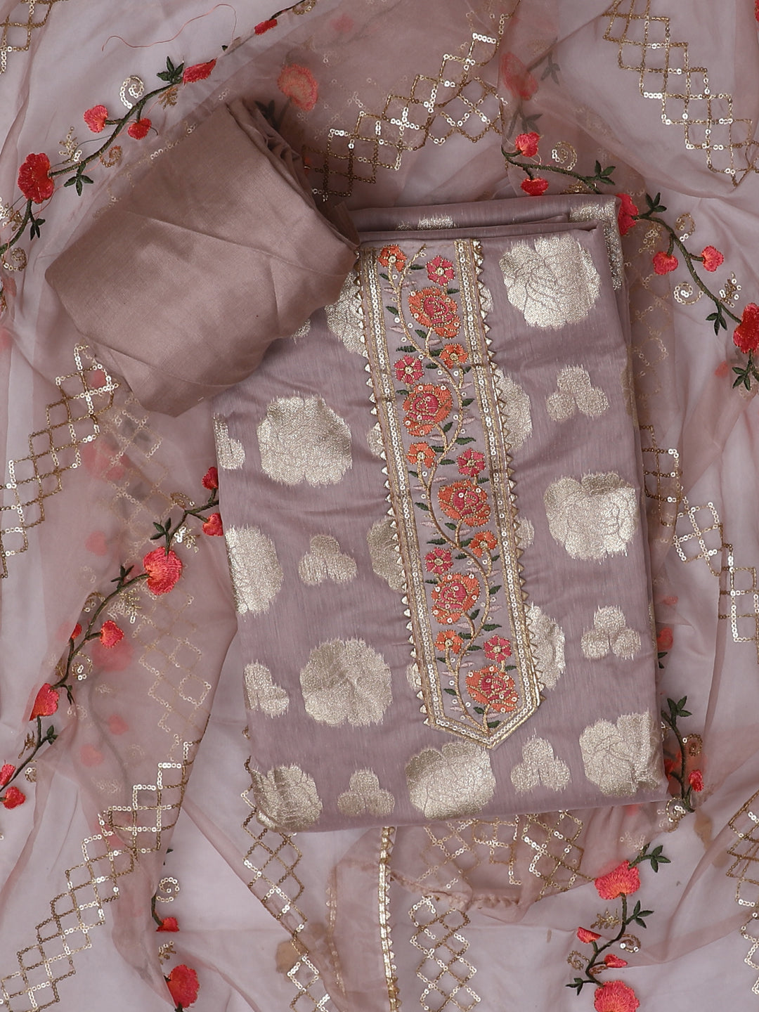 Beige Woven Design Unstitch Dress Material with Dupatta