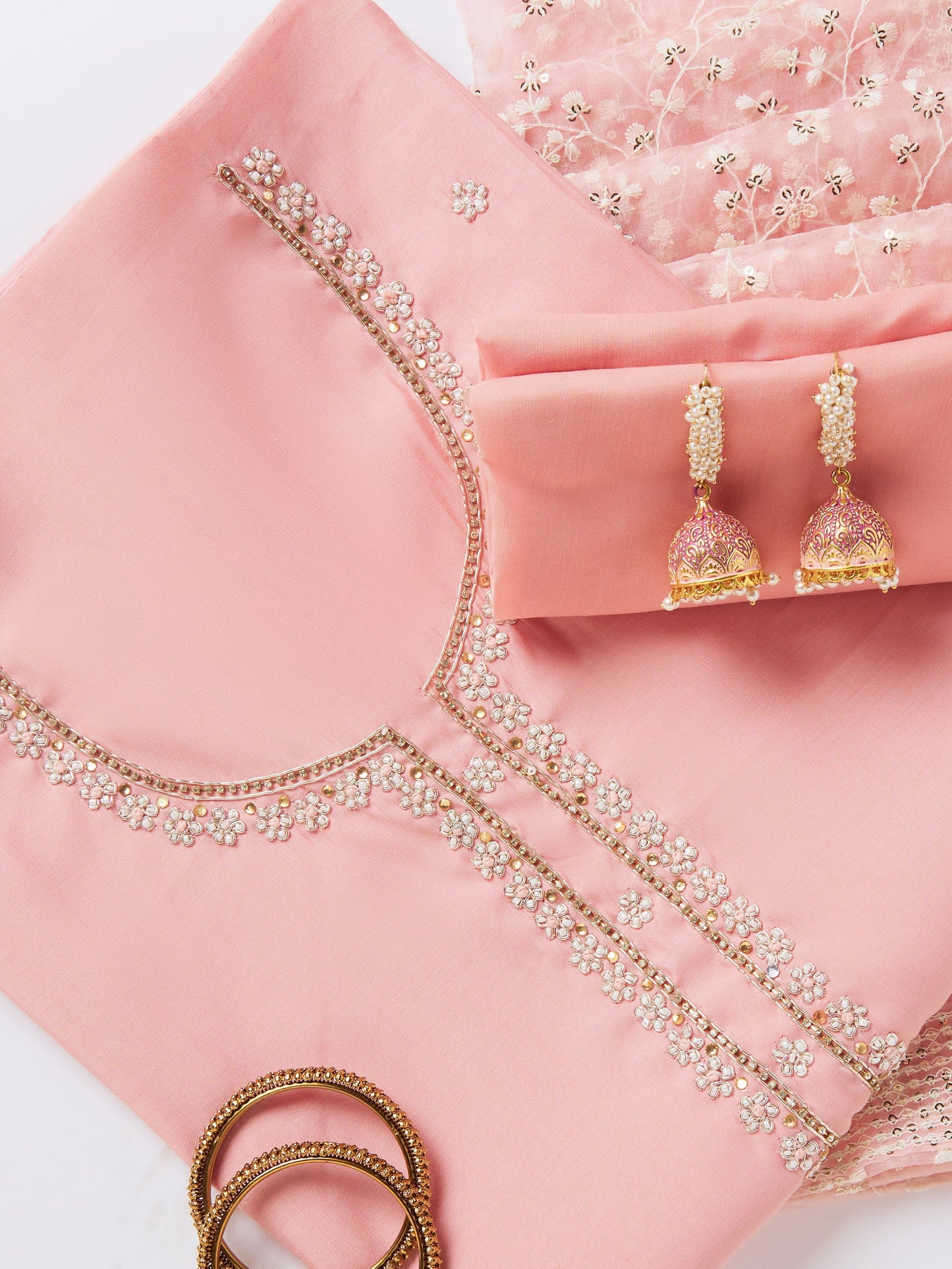 Pink Embroidered Chanderi Unstitched Dress Material with Dupatta