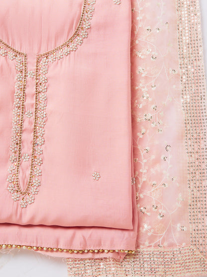 Pink Embroidered Chanderi Unstitched Dress Material with Dupatta