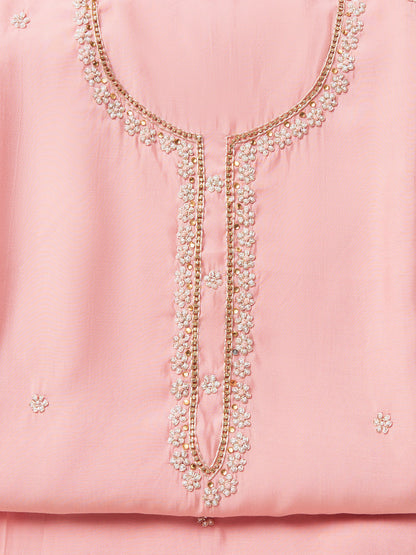 Pink Embroidered Chanderi Unstitched Dress Material with Dupatta