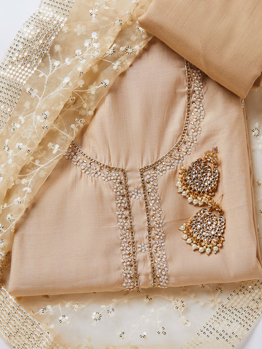 Chanderi Embroidered Beige Unstitched Dress Material With Dupatta