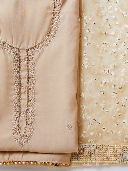 Chanderi Embroidered Beige Unstitched Dress Material With Dupatta