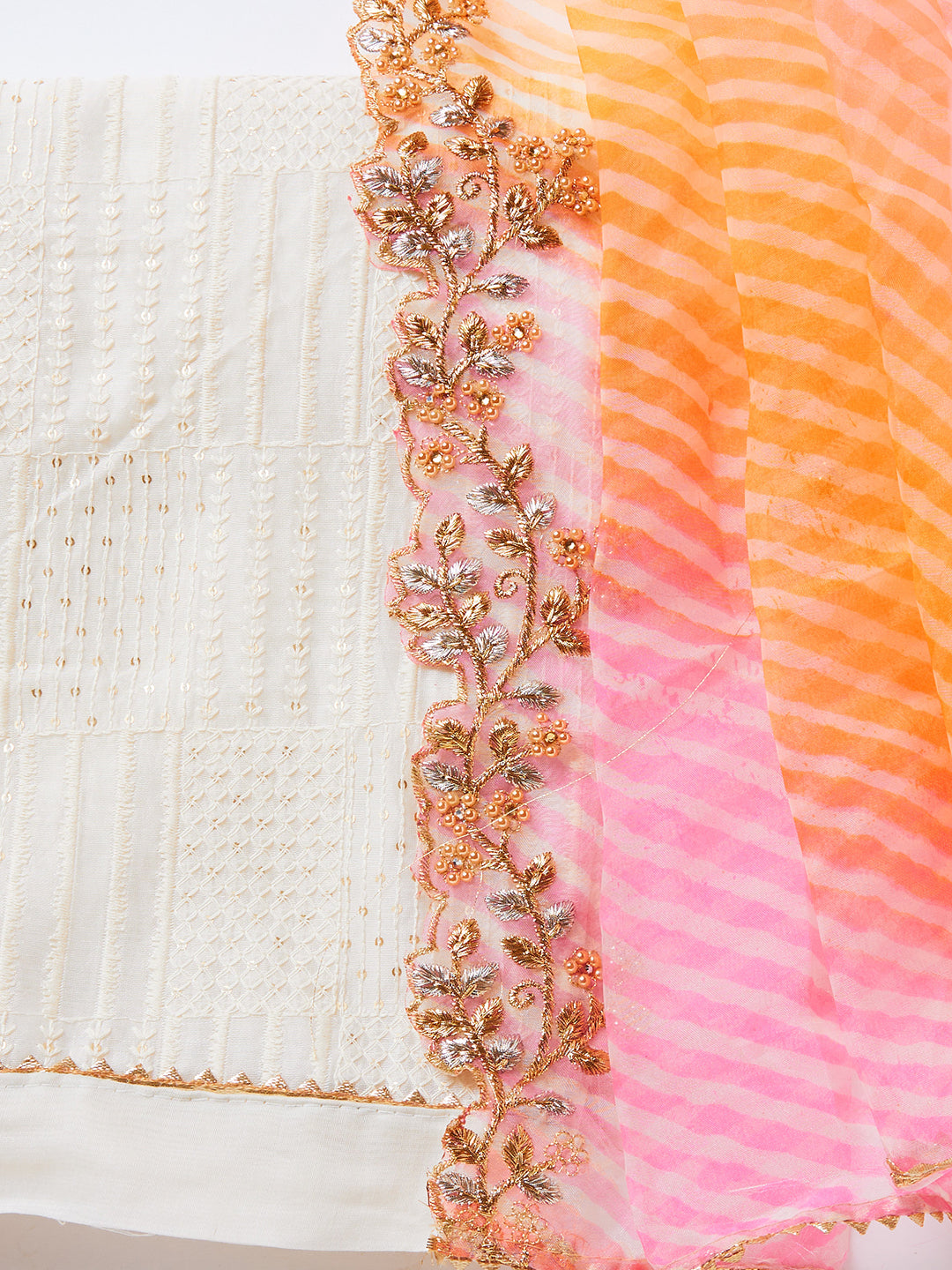 White & Pink Embellished Unstitch Dress Material with Dupatta