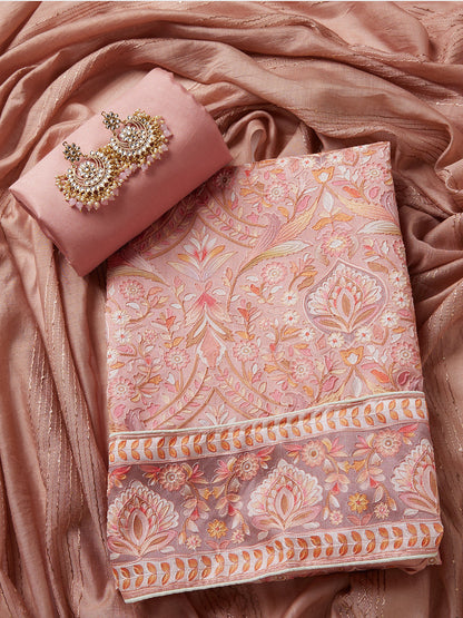 Brown & Pink Floral Silk Unstitched Dress Material with Dupatta