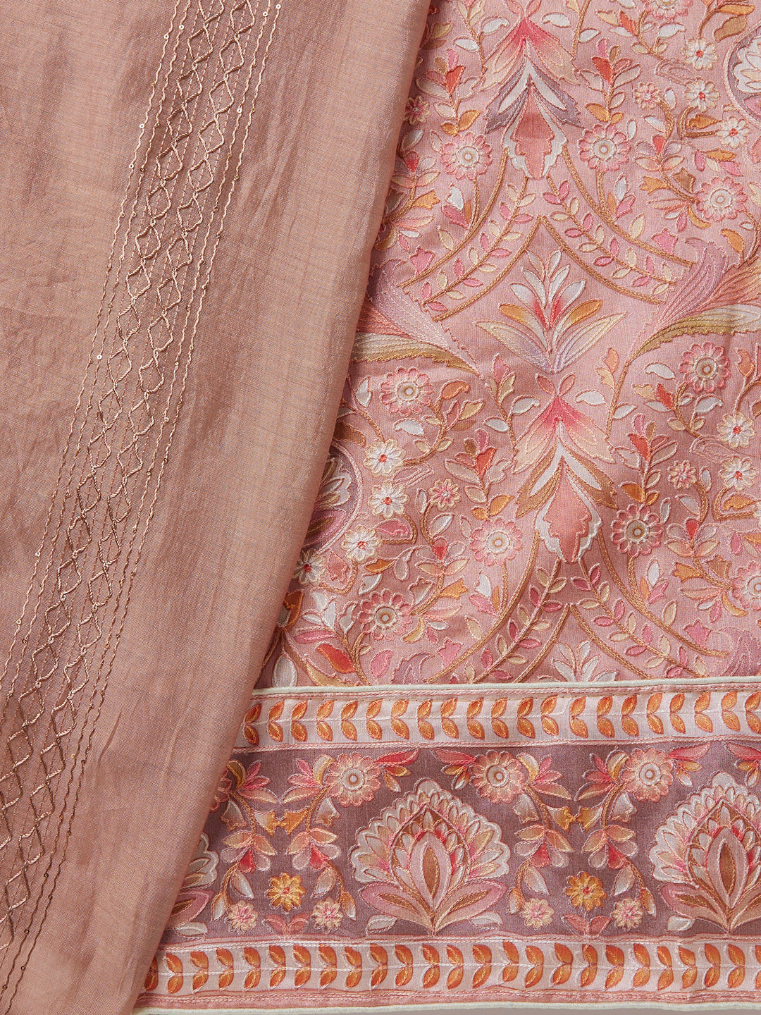 Brown & Pink Floral Silk Unstitched Dress Material with Dupatta