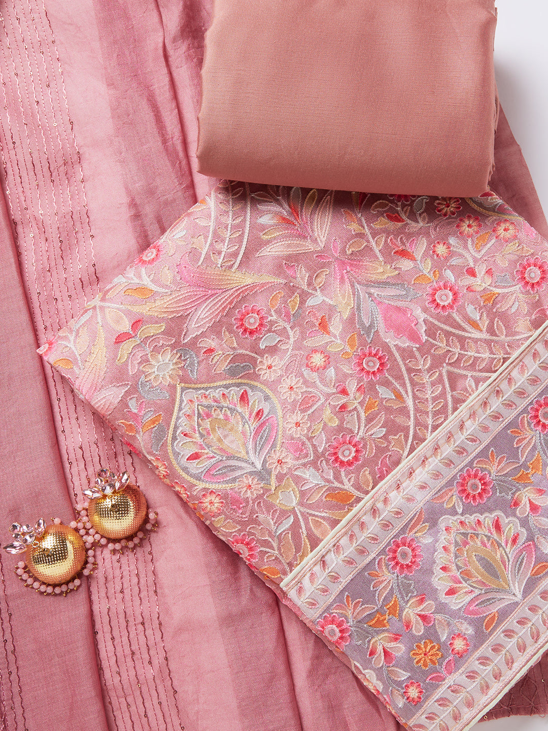 Pink Floral Unstitch Dress Material with Dupatta