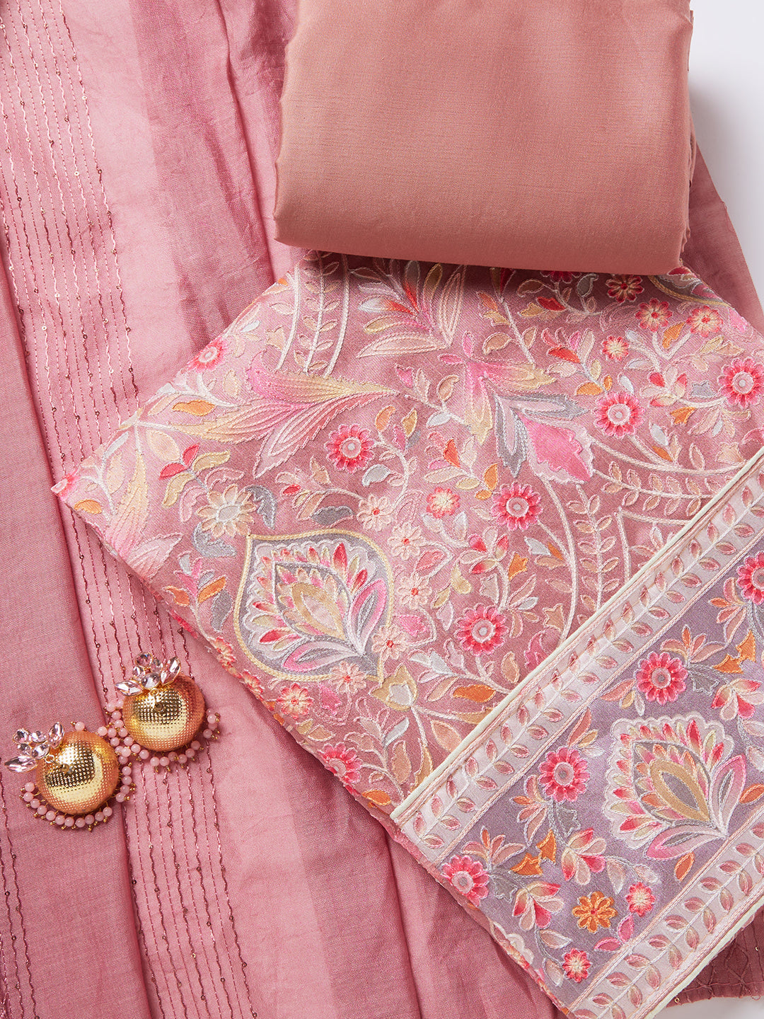 Pink Floral Silk Blend Unstitched Dress Material with Dupatta