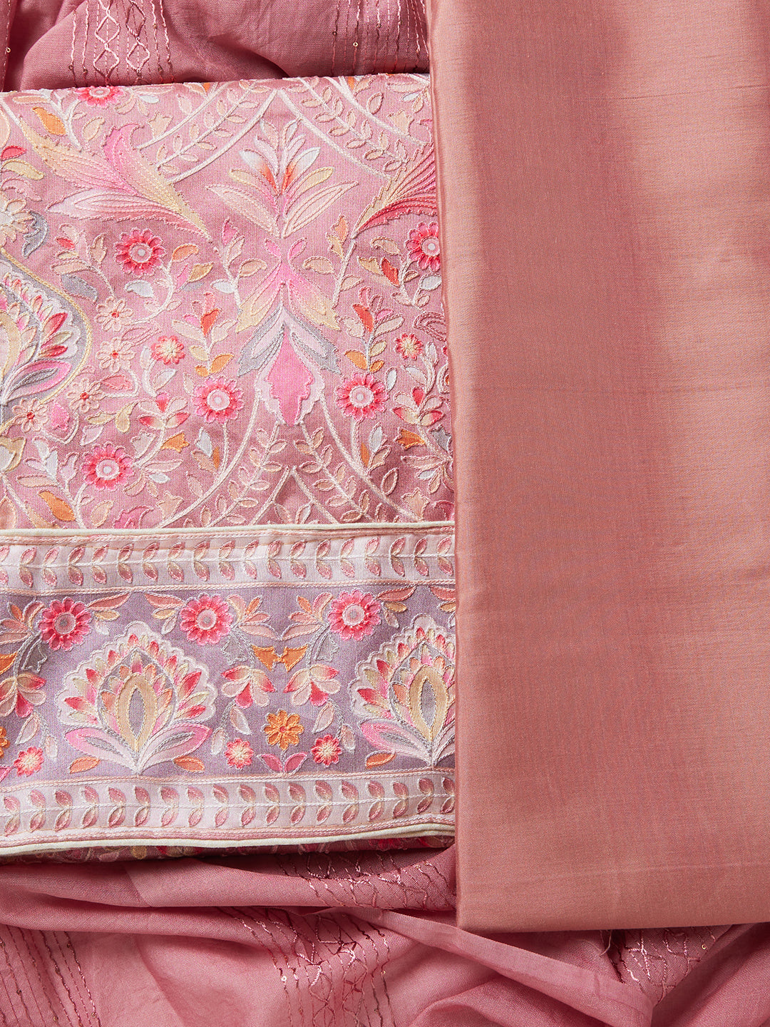 Pink Floral Silk Blend Unstitched Dress Material with Dupatta